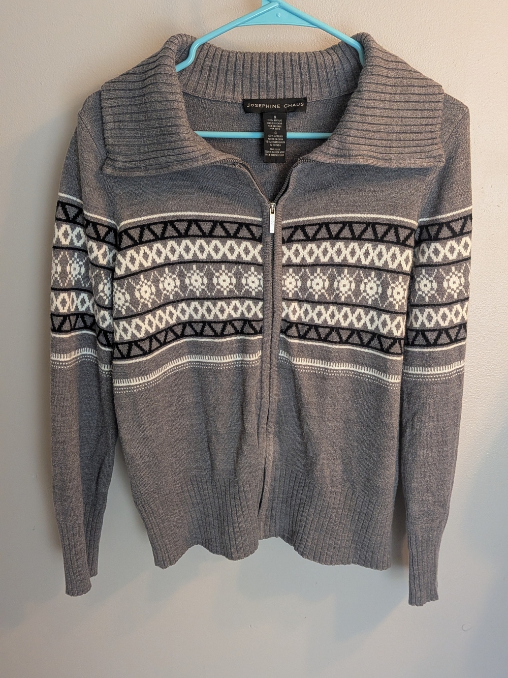Josephine Chaus Gray Zip-Up Fair Isle Cardigan